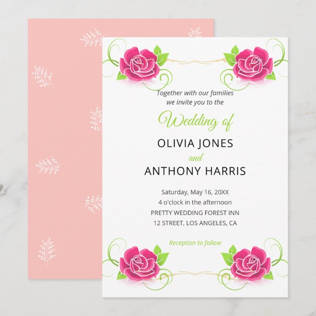 Convites Pink Green Gold Floral Rose Wedding  (Frente/Verso)