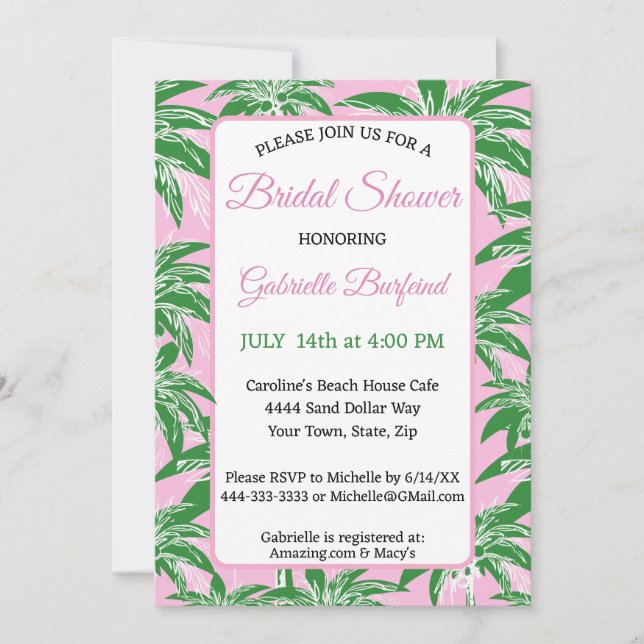 Convites Pink & Green Palm Bridal Shower Invitation | Palm  (Frente)