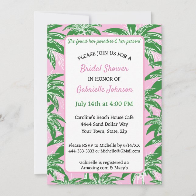 Convites Pink Green Palm Tree Preppy Summer Shower Party (Frente)