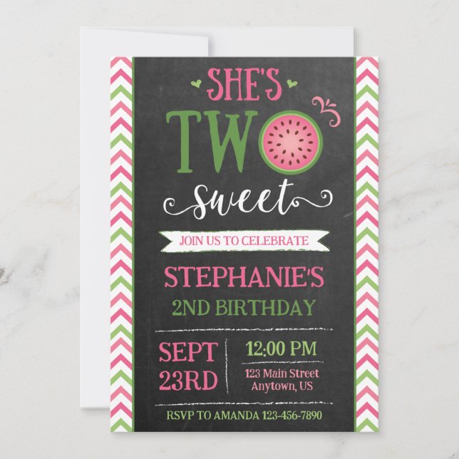 Convites Pink Green Two Sweet Melon 2nd Birthday Invitation (Frente)