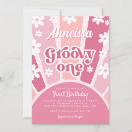 Convites Pink Groovy One Retro Rainbow Daisy Primeiro Anive