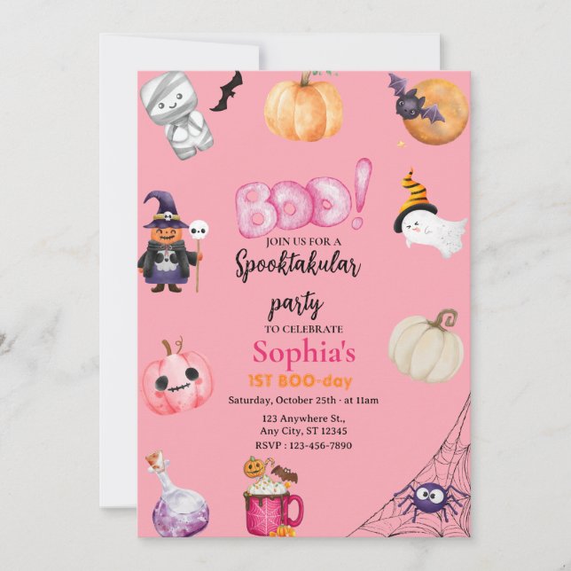 Convites Pink Halloween Spooky One 1st Birthday Party (Frente)