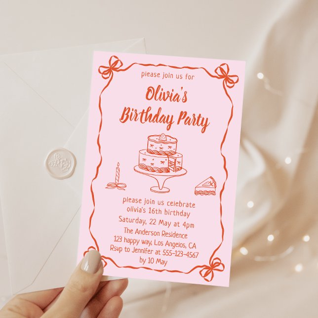 Convites Pink Hand-Drawn Cake & Ribbon Border Birthday  (Criador carregado)