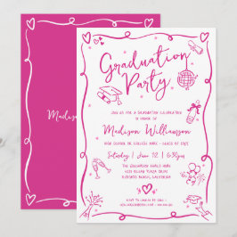 Convites Pink Hand Drawn Doodles Graduation Fun White Party