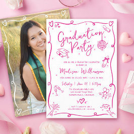 Convites Pink Hand Drawn Doodles Photo Graduate White Party
