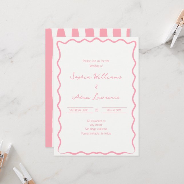 Convites Pink Hand Written Pinstripes Whimsical Wedding (Frente/Verso In Situ)