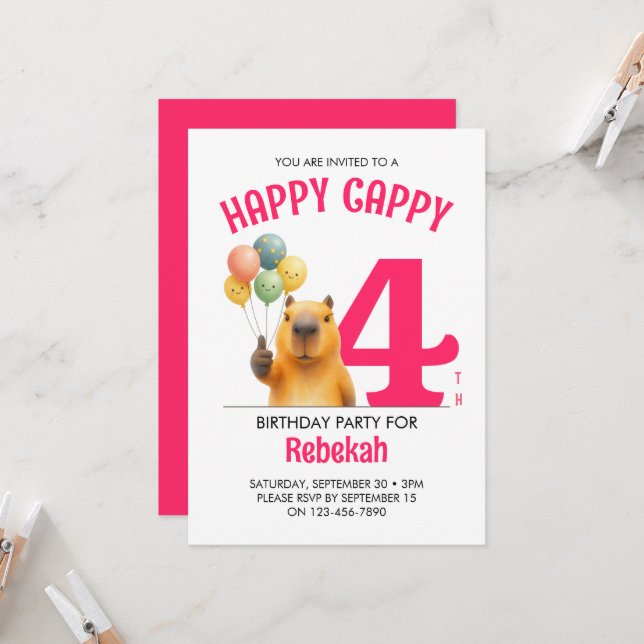 Convites Pink HAPPY CAPPY Capivara Personalizado Aniversári (Frente/Verso In Situ)