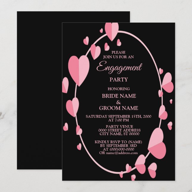 Convites Pink Heart Black Geometric Engagement Party (Frente/Verso)