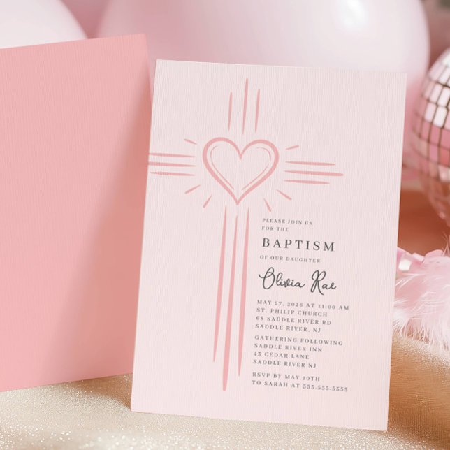 Convites Pink Heart Cross Baptism Invitation (Criador carregado)