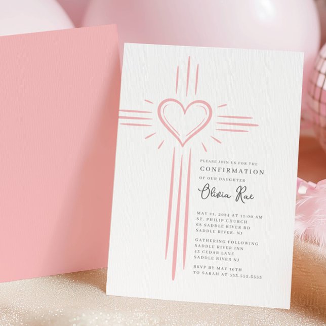 Convites Pink Heart Cross Confirmation Invitation (Criador carregado)