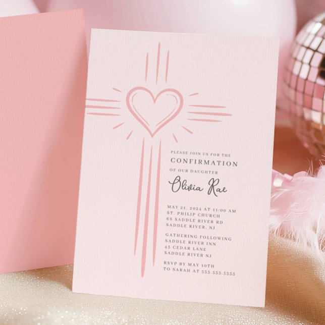 Convites Pink Heart Cross Confirmation Invitation (Criador carregado)