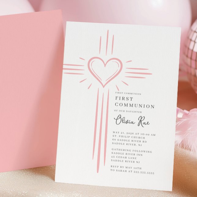 Convites Pink Heart Cross First Communion Invitation (Criador carregado)