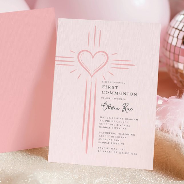 Convites Pink Heart Cross First Communion Invitation (Criador carregado)