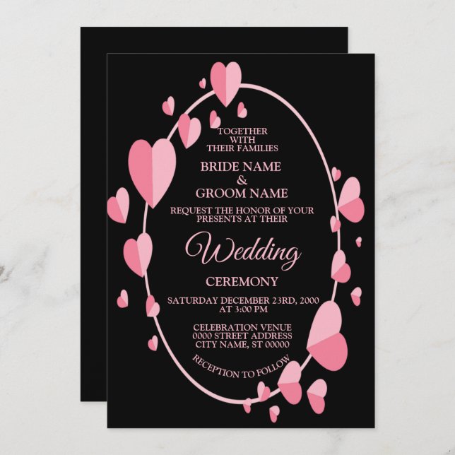 Convites Pink Heart Pattern Black Geometric Elegant Wedding (Frente/Verso)