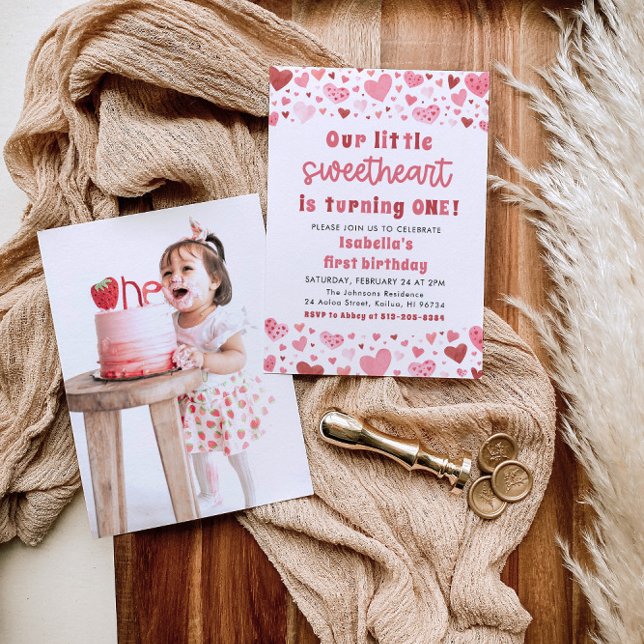 Convites Pink Hearts Little Sweetheart Foto Primeiro Aniver (Criador carregado)