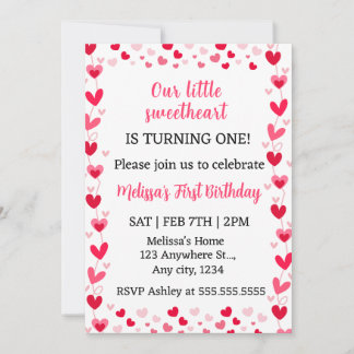Convites Pink Hearts Our Little Sweetheart Birthday Invite 