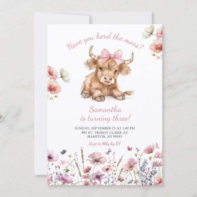 Convites Pink Heifer Bull Floral Birthday Invitation (Frente)