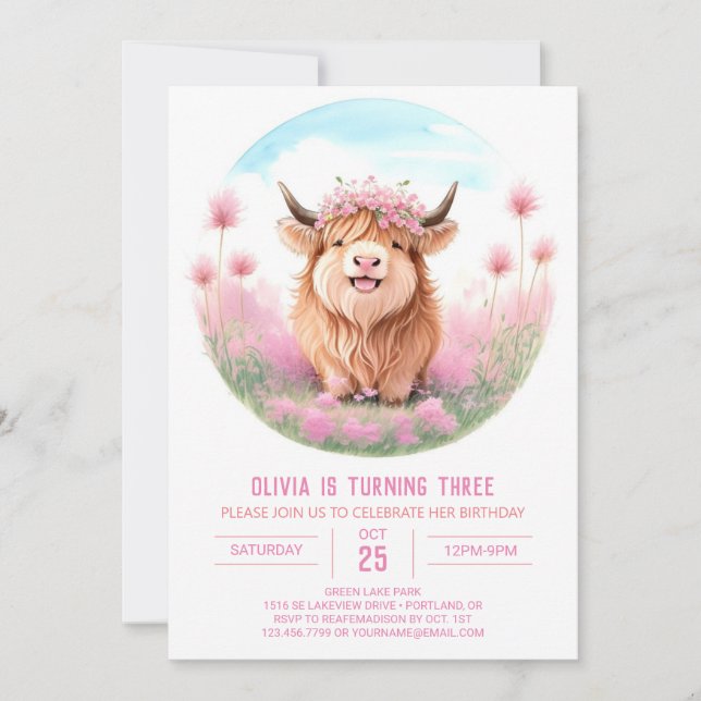 Convites Pink Highland Cow Meadow Magic Birday (Frente)
