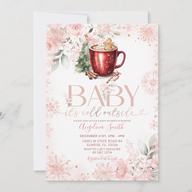 Convites Pink Hot Cocoa Christmas Baby Shower Invite (Frente)