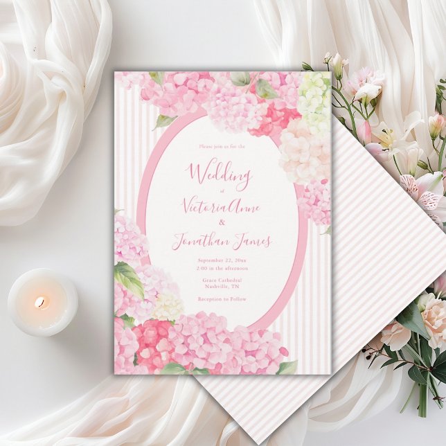 Convites Pink Hydrangea Floral Stripe Wedding Invitation (Criador carregado)