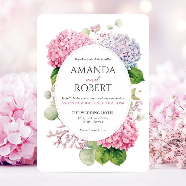 Convites Pink Hydrangea Flowers Watercolor Oval Wedding (Pink Hydrangea Flowers Watercolor Elegant Wedding Invitation)