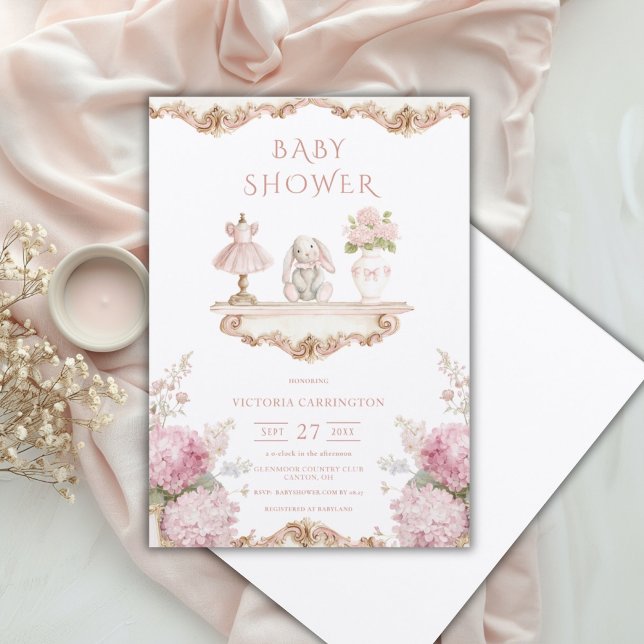 Convites Pink Hydrangea Vintage Baby Shower Invitation (Criador carregado)
