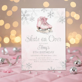 Convites Pink Ice Skating Silver Glitter Snowflake Birthday