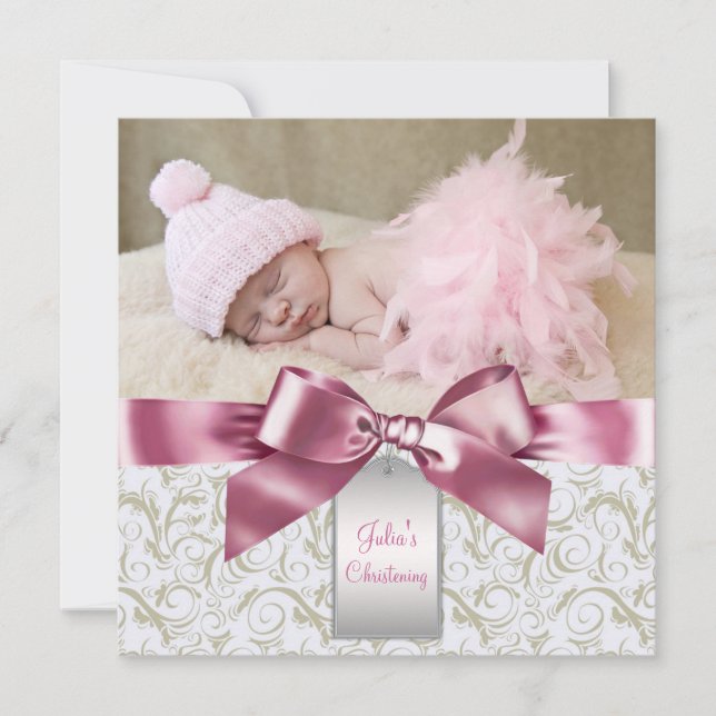 Convites Pink Ivory Swirls Baby Girl Foto Christening (Frente)