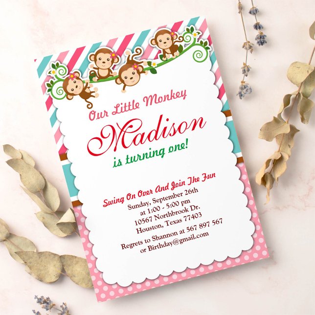 Convites Pink Jungle Monkey Safari (Criador carregado)