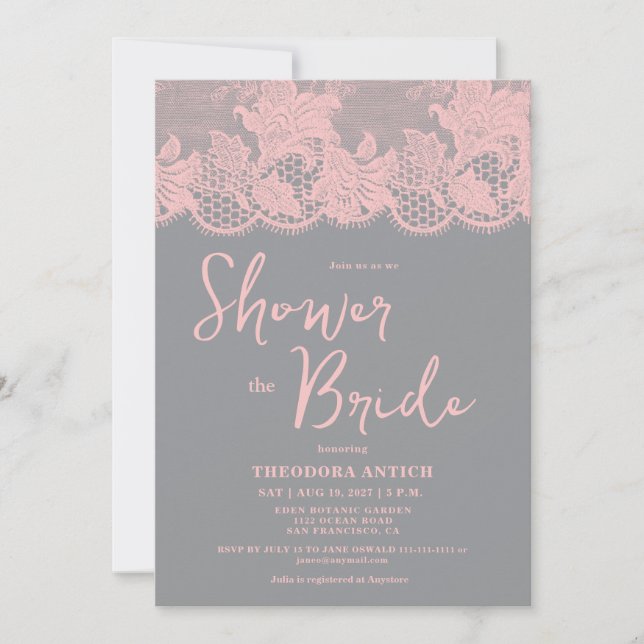 Convites Pink Lace Grey Bridal Shower Invitation (Frente)