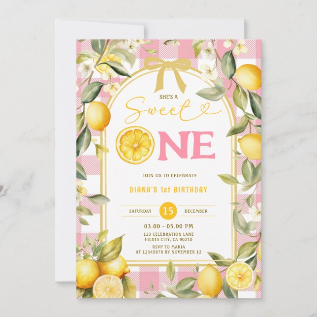 Convites Pink Lemon Gingham Sweet One 1st Birthday (Frente)