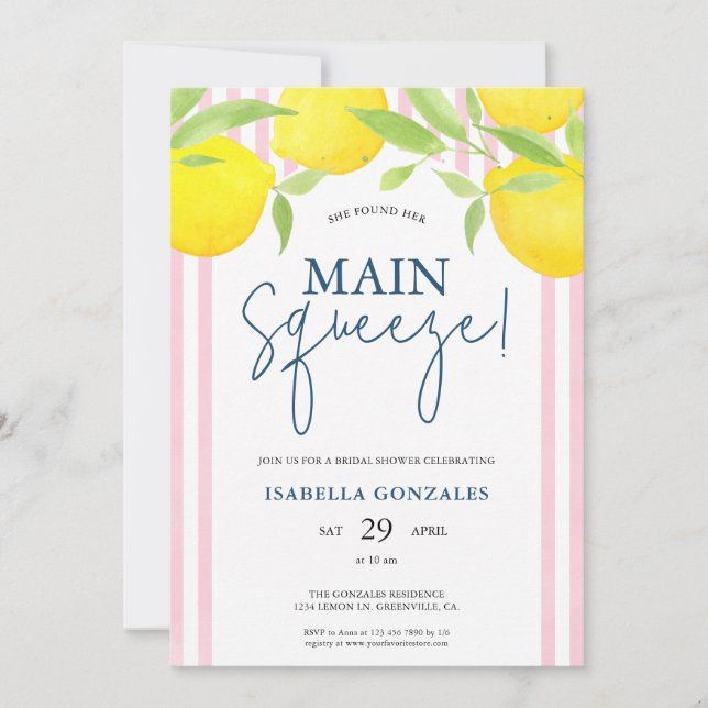 Convites Pink Lemon Main Squeeze Bridal Shower (Frente)