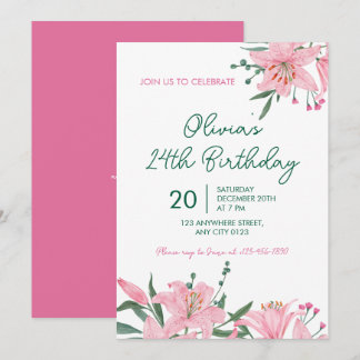 Convites Pink Lily Garden Birthday Party Invitation