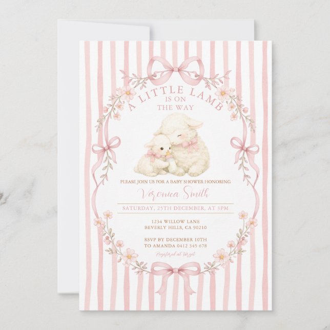 Convites Pink Little Lamb Baby Shower Stripes Invitation (Frente)