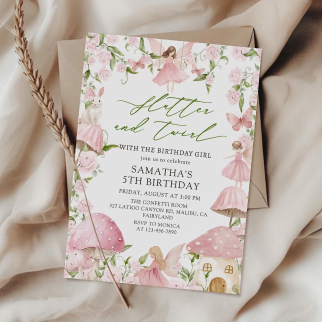 Convites Pink Magical Floral Fairy Garden Birthday (Criador carregado)
