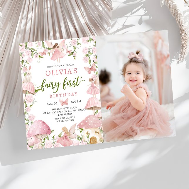 Convites Pink Magical Forest Fairy First Birthday Photo (Criador carregado)