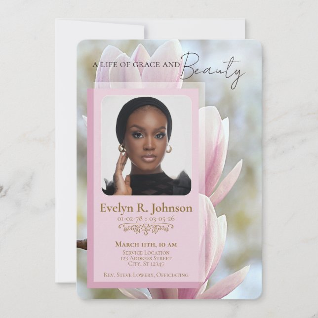 Convites Pink Magnolia‑style photo funeral program (Frente)