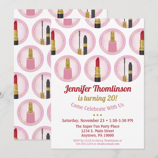 Convites Pink Maketics Cosmetics Invent Birthday Lipstick (Frente/Verso)