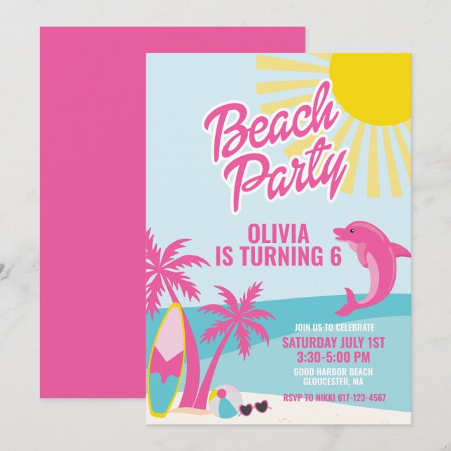 Convites Pink Malibu beach birthday (Frente/Verso)