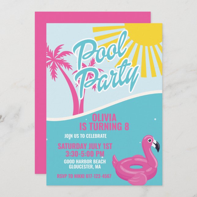 Convites Pink Malibu Pool Party birthday (Frente/Verso)