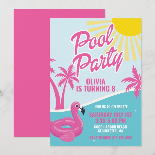 Convites Pink Malibu Pool Party birthday (Frente/Verso)