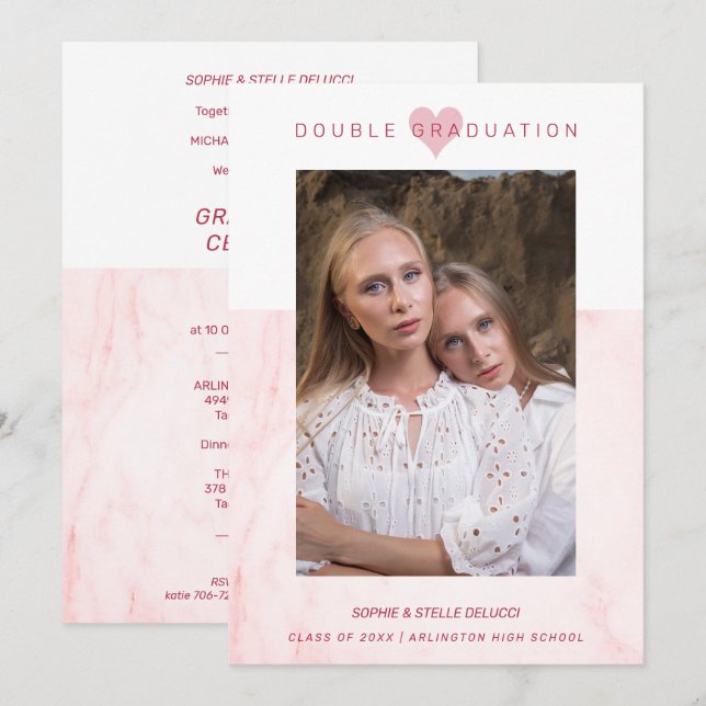 Convites Pink Marble Effect Romantic Photo Twins Graduation (Frente/Verso)
