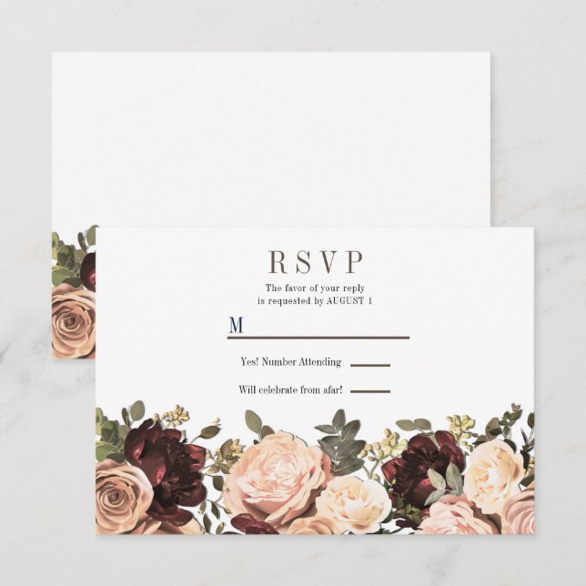 Convites Pink & Maroon Floral Greenery deixa RSVP de Casame (Frente/Verso)