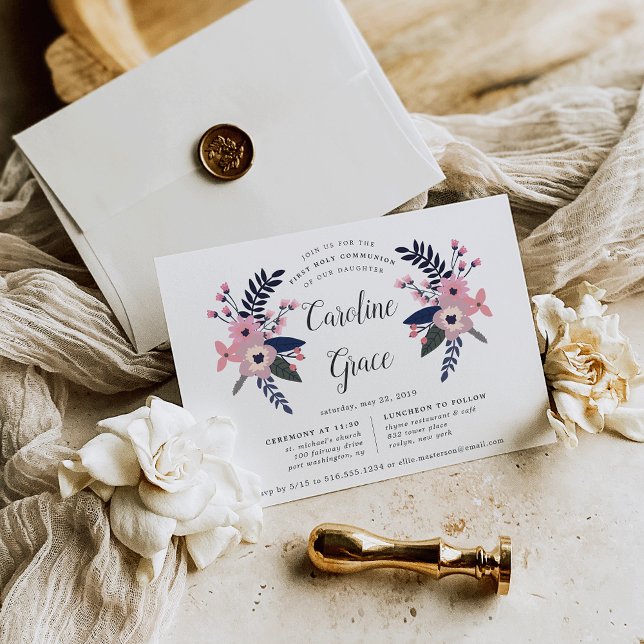 Convites Pink Meadow | Floral Primeira Comunhão Santa (Criador carregado)