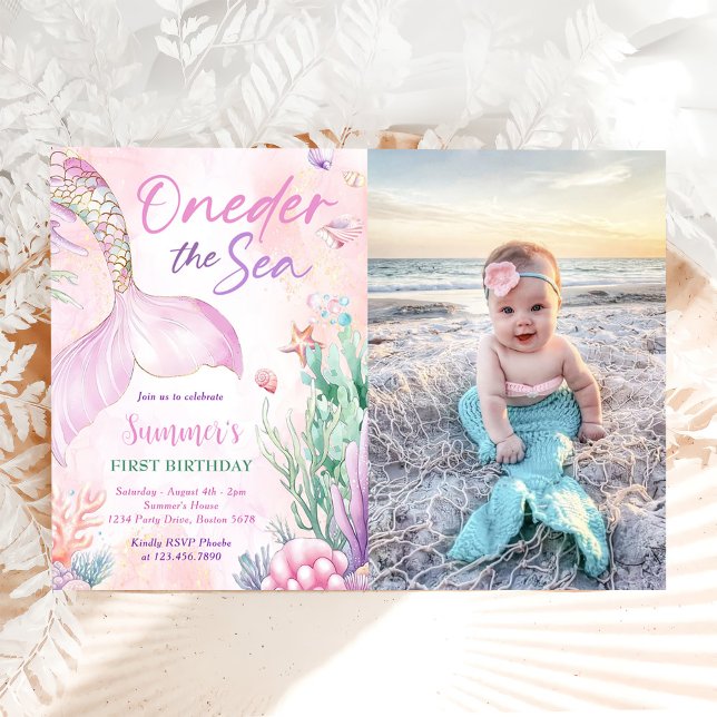 Convites Pink Mermaid 1st Birthday Oneder the Sea Photo (Criador carregado)