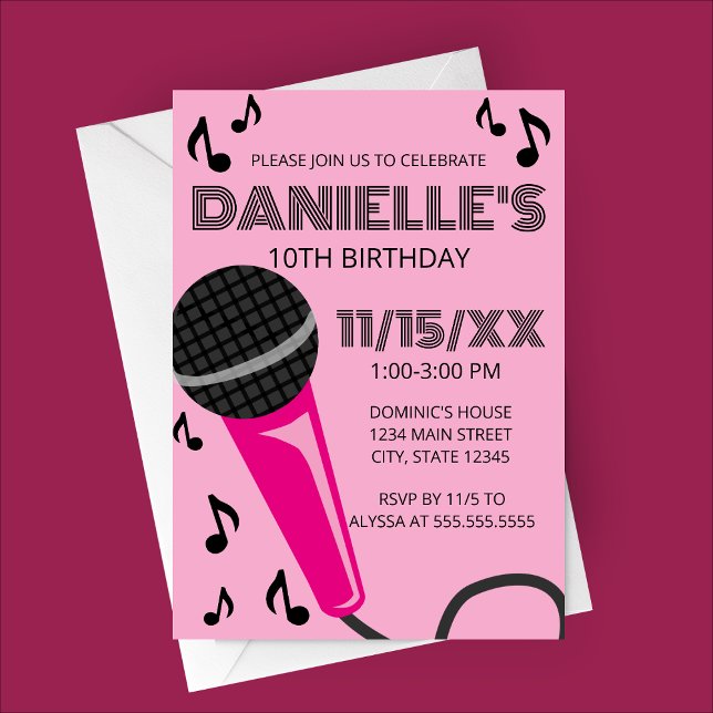 Convites Pink Microphone Kids Birthday Invitation (Pink Microphone Karaoke Birthday Party Invitation)