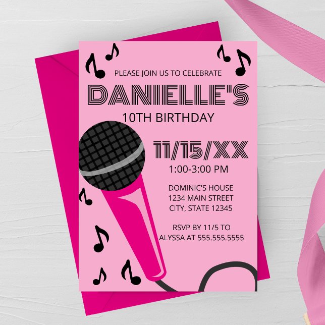 Convites Pink Microphone Kids Birthday Invitation (Criador carregado)