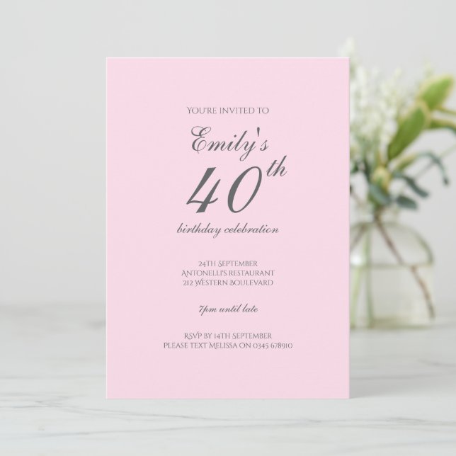 Convites Pink Minimalist 40th Birthday Party Invitation (Em pé/Frente)