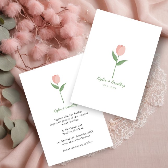 Convites Pink Minimalist Tulip (This minimalist design with a pink tulip is elegant and simple as the current trend in weddings.)