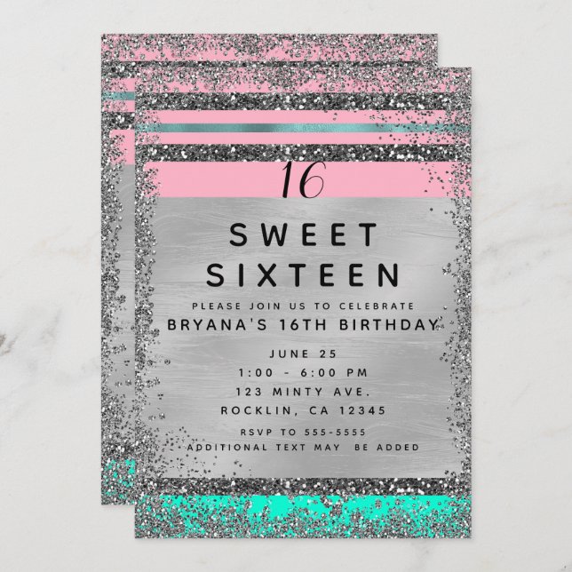 Convites Pink Mint Green Silver Glitter Edge Sweet 16 Party (Frente/Verso)